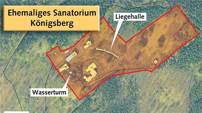Luftaufnahme mit markierter Umrisslinie des ehemaligen Sanatoriums Königsberg mit Beschriftungen für Wasserturm und Liegehalle