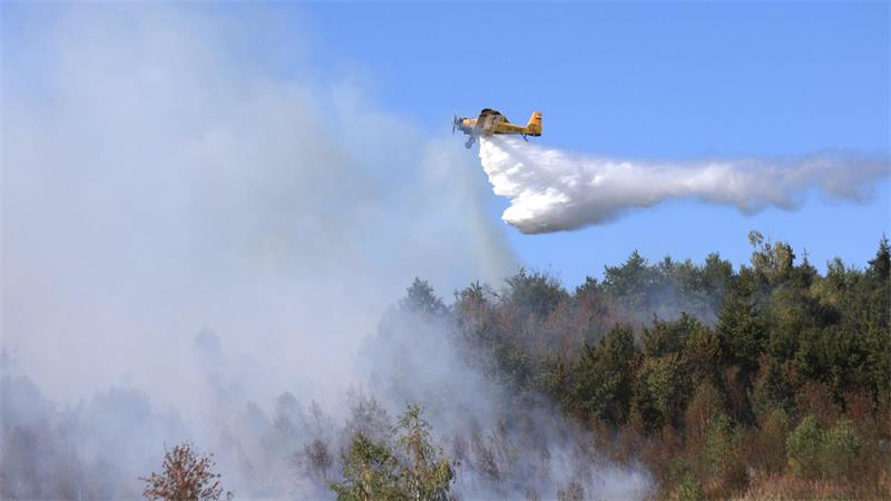 Ein Löschflugzeug unterstützt die Einsatzkräfte bei den Löscharbeiten im Harz.