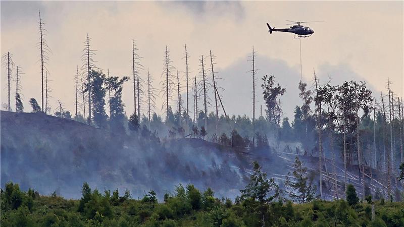 Ein Löschhubschrauber fliegt über die Brandfläche am Steinberg in Goslar. Dunkler Rauch steigt über verkohlter Fläche auf.