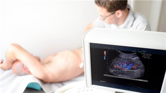 Ein Mediziner untersucht die Niere eines Patienten mit einem Ultraschallgerät