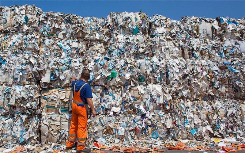 Städte sparen 1600 Gigawattstunden mit Recyclingpapier Ein Mitarbeiter der Leipa Georg Leinfelder GmbH im brandenburgischen Schwedt steht vor Ballen mit gepressten Altpapier.