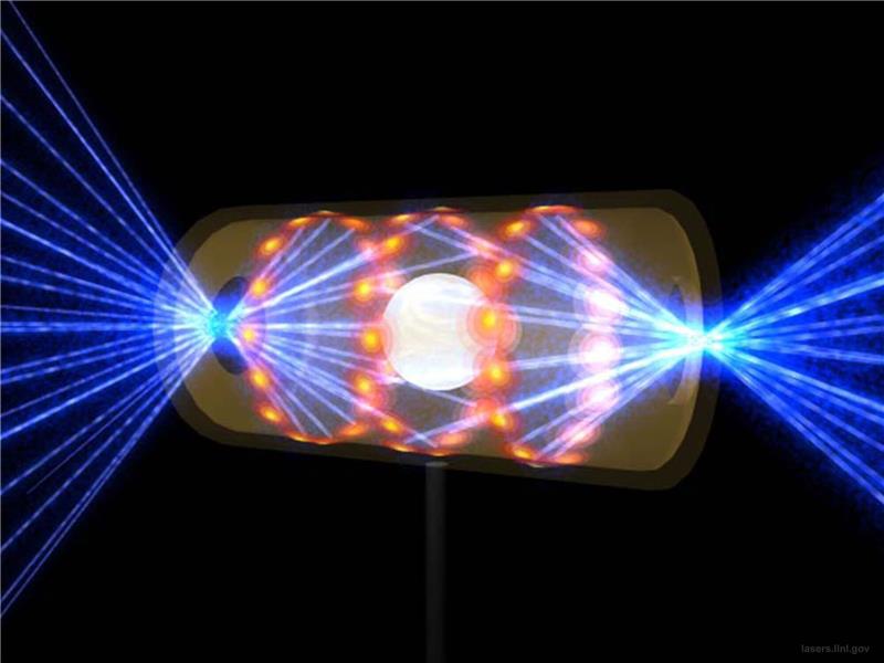 US-Forscher schaffen Durchbruch bei Kernfusion Ein NIF-Target-Pellet in einer Hohlraumkapsel mit Laserstrahlen, die durch Öffnungen an beiden Enden eintreten. Die Strahlen komprimieren und erhitzen das Target auf die Bedingungen, die für die Kernfusion erforderlich sind.