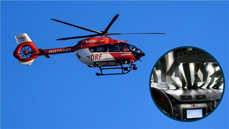 Ein Rettungshubschrauber und die Sicht aus einem Auto in der Waschanlage.