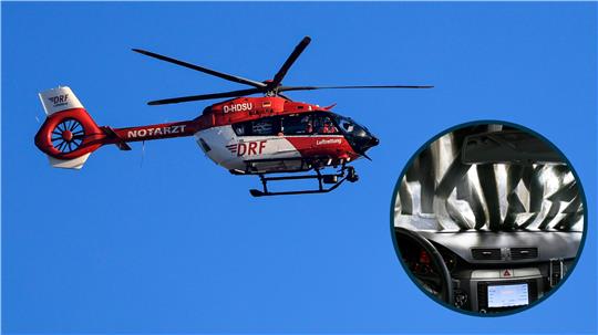 Ein Rettungshubschrauber und die Sicht aus einem Auto in der Waschanlage.