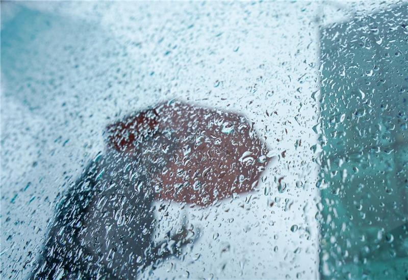 Ein Passant mit Regenschirm.