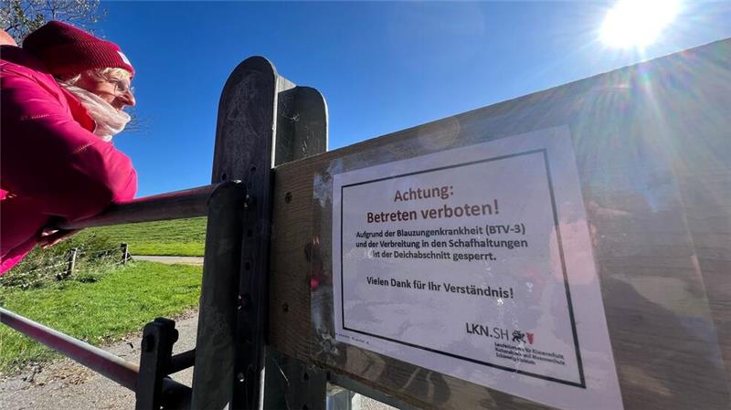 Ein Schild am Zugang zu einem Deich auf Sylt weist darauf hin, dass der Zutritt wegen der Blauzungenkrankheit gesperrt ist.