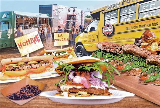 Ein Street-Food-Festival wie das, das am Wochenende im Badepark veranstaltet wird, zeichnet sich durch exotische Speisen aus, aber auch durch die besonderen Verkaufswagen und -stände. So wird beispielsweise auch wieder ein alter amerikanischer Schulbus anrollen. Fotos/Collage: GZ-Archiv