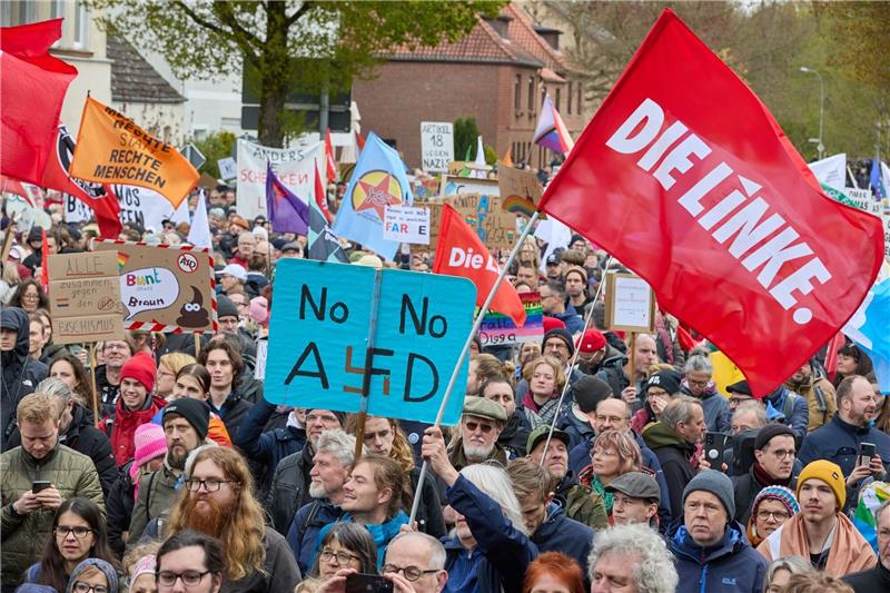 Ein Teilnehmer der Demonstration gegen den AfD-Parteitag, der Kundgebung für Vielfalt und Menschenwürde, hält ein Schild mit der Aufschrift «No No AfD», daneben eine Fahne von der Partei Die Linke.