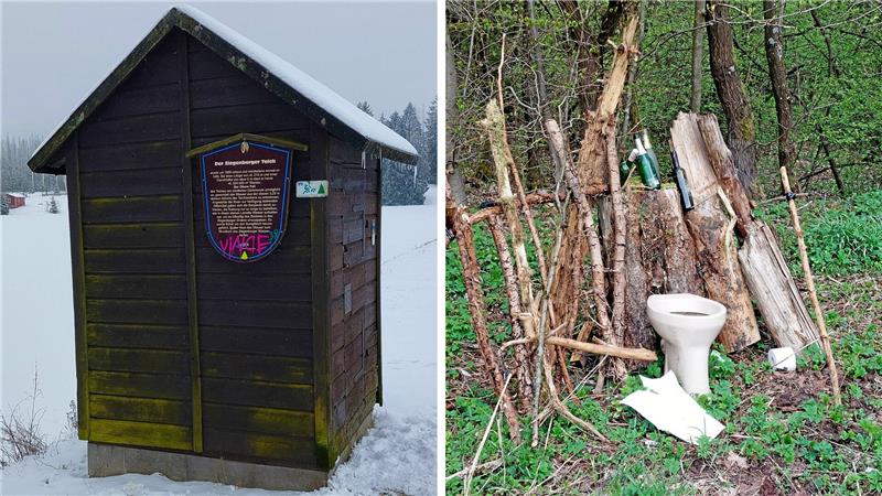 Ein Unbekannter hat die Info-Tafel am Ziegenberger Teich beschmiert. Der Ärger ist auch groß über illegale Müllentsorgung, manchmal seht sogar eine Toilettenschüssel wie vor einigen Jahren im Oberharzer Wald.