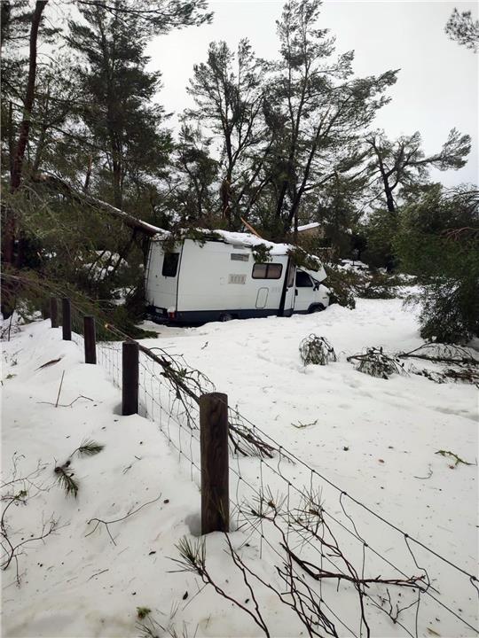 Ein Wohnmobil ist von einem durch Schnee eingestürzten Baum auf MNallorca eingeklemmt.