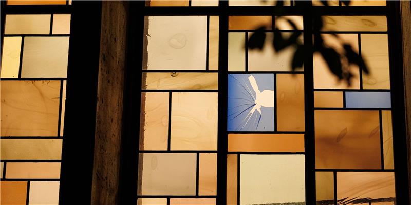 Vogelschlag mögliche Ursache für Beschädigung an Synagoge Ein beschädigtes Bleiglasfenster ist von der Außenseite der Synagoge aus zu sehen.