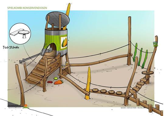 Spielplatzklettergerüst aus Holz mit Seilbrücke, Leiter, Balancierbalken und Sitzbank in Form einer Konservendose
