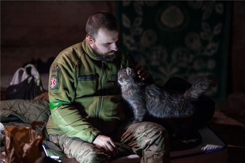 Krieg gegen die Ukraine: So ist die Lage Ein ukrainischer Soldat streichelt in einem Unterstand in der Region Donzek eine Katze.