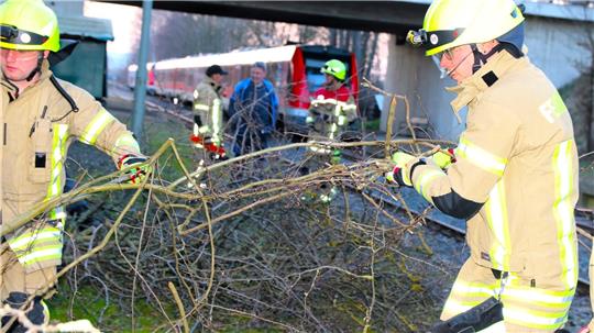 Ein umgestürzter Baum behindert den Zugverkehr und muss von den Gleisen entfernt werden. Das Szenario wird am Museumsbahnhof Klein Mahner geprobt.