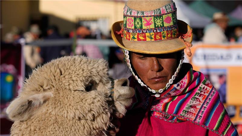Bilder des Tages Eine Aymara-Frau und ihr Lama nehmen an der 15. Nationalen Camelid Expo in El Alto, Bolivien, teil.