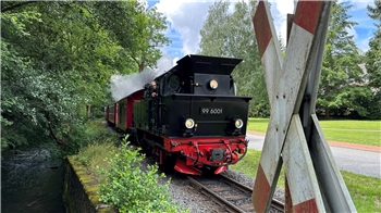 Eine Dampflok fährt bei Alexisbad durchs Selketal.