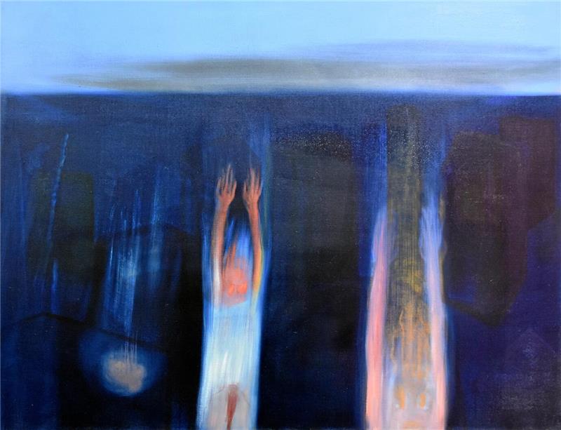 Krieg, Flucht und Leid im Werk von Miriam Cahn Eine Familie versinkt im Meer. Diese Arbeit von Miriam Cahn (2017) trägt keinen Titel und ist für den Kurator der Ausstellung im Mönchehaus, Fabrice Hergott, das zentrale Werk (1,55 Meter x 2,02 Meter).
