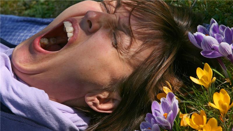 Eine Frau liegt auf einer mit Krokussen bewachsenen Wiese und gähnt. (Archivbild)