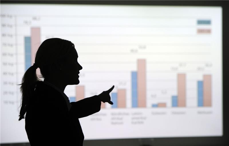 Studie: Vorstandsfrauen verdienen im Schnitt mehr als Männer Eine Frau steht in einem Büro und erklärt eine an die Wand projezierte Grafik.