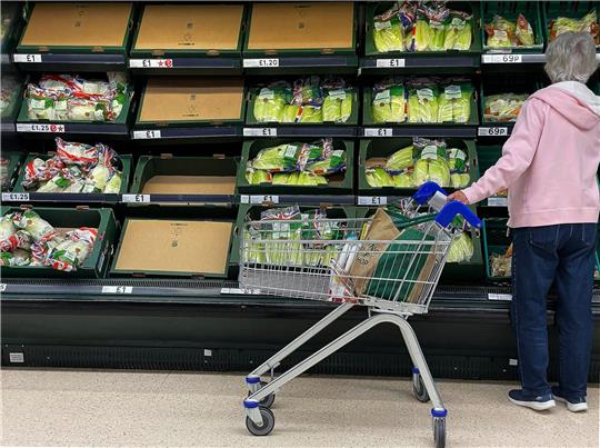 Eine Frau steht vor teilweise leeren Gemüse-Regalen in einem Supermarkt in London.
