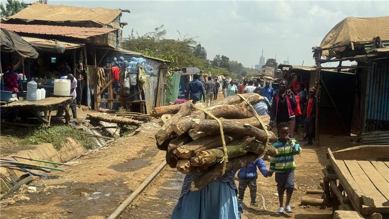 Eine Frau trägt ein Bündel Brennholz entlang der Bahnstrecke, die durch Nairobis größten Slum Kibera führt. (Archivbild)