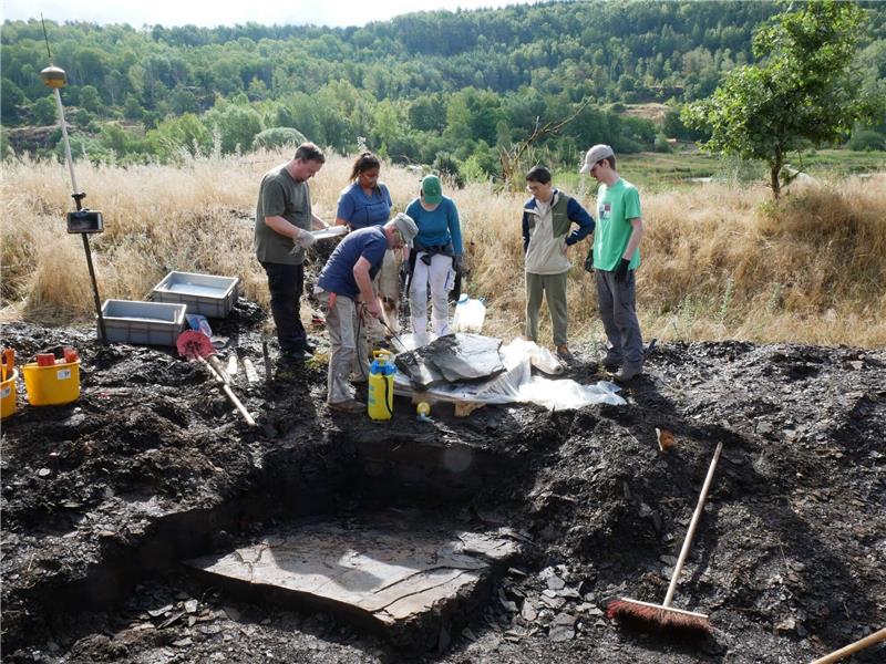 Vermutlich weiteres Urpferd in der Grube Messel entdeckt Eine Gruppe von Forschern begutachtet einen ausgehobenen Ölschiefer-Block in der Grube Messel bei Darmstadt.