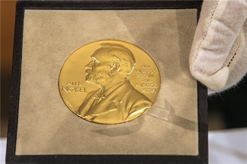 Nobelpreise: Hoffnungsträger in schwierigen Zeiten Eine Hand hält vor der Übergabe des Nobelpreises für Physik an den deutschen Physiker Genzel die goldene Medaille. Foto: Peter Kneffel/dpa
