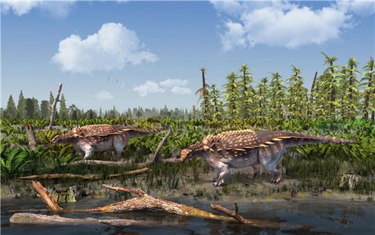 Eine Illustration der Vectipelta barretti. Laut Forschenden könnten sich die Dinos in der frühen Kreidezeit vor rund 140 Millionen Jahren frei von Asien nach Europa bewegt haben.
