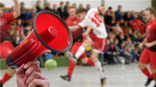 Eine Megafon-Attacke auf Schladens Spielertrainer Fischer brachte die Stimmung zum Kippen. Montage: GZ/dpa