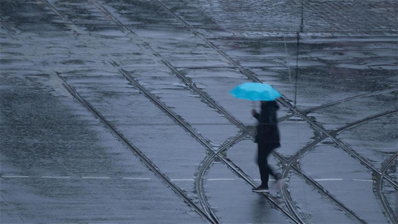 Eine Person geht bei Regen mit einem blauen Regenschirm über eine Straße in Dresden.