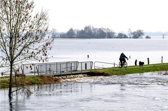 Eine Radfahrerin fährt über einen Deich an der Wümme im Bremer Ortsteil Borgfeld.