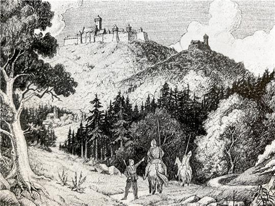 Eine Rekonstruktionszeichnung der Harzburgen und der Wüstung Schulenrode im heutigen Krodotal um 1070, gezeichnet von Karl Berthold Fischer im Jahr 1922. Beide Darstellungen stammen aus dem Buch „Geschichte und Archäologie der Harzburg“, das Wolf-Dieter Steinmetz geschrieben hat.
