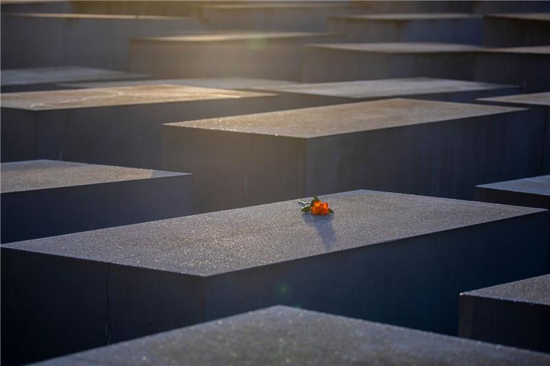 Eine Rose liegt anlässlich des Internationalen Tags des Gedenkens an die Opfer des Holocaust auf einer Stele des Denkmals für die ermordeten Juden Europas.