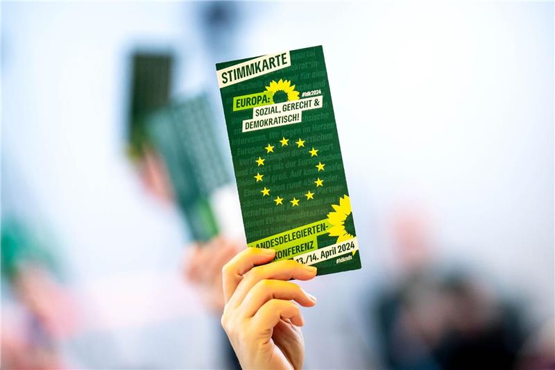 Eine Stimmkarte wird beim Landesparteitag der Grünen in Niedersachsen in den in den Weser-Ems-Hallen hochgehalten.