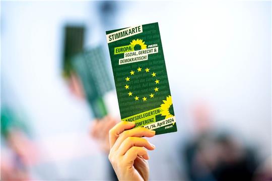 Eine Stimmkarte wird beim Landesparteitag der Grünen in Niedersachsen in den in den Weser-Ems-Hallen hochgehalten.