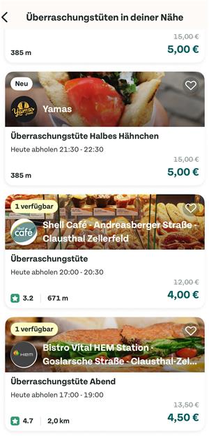 Eine Übersicht über das derzeitige „Too Good To Go“-Angebot in Clausthal-Zellerfeld.