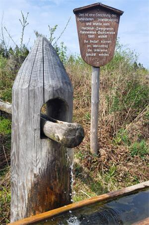 Holzbrunnen mit einem dicken Ast als Auslauf und einem Schild mit Text in einer natürlichen Umgebung