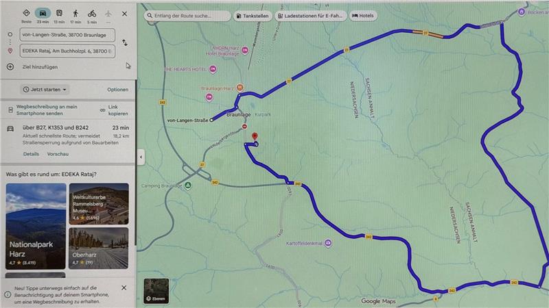 Eine fast 20 Kilometer lange Strecke in Richtung Elend über die Wiethfelder Straße empfiehlt das Navi für eine Tour, die innerörtlich in Braunlage nur etwas mehr als einen Kilometer lang wäre.