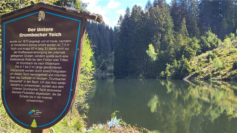 Ein braunes Schild mit der Geschichte zum unteren Grumbacher Teich.