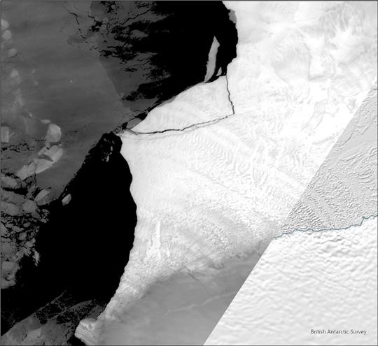 Eine von der britischen Forschungsstation British Antarctic Survey veröffentlichte Satellitenaufnahme zeigt, wie ein Eisberg vom Brunt-Eisschelf der Antarktis abbricht.