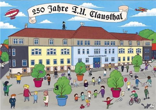 Femina veröffentlicht limitiertes Clausthal-Zellerfeld-Wimmelbuch Eines der Wimmelbilder zeigt das TU-Hauptgebäude und einen proppenvollen Marktkirchenplatz.