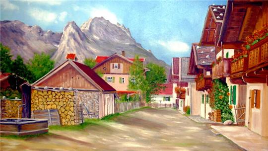 Eines von Kintschers Ölgemälden zeigt eine Straße in Garmisch im Frühling.