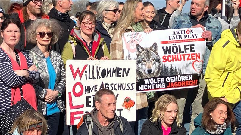 Nach Attacke in Hamburg - Zukunft des Wolfs weiter ungewiss Einige der Demonstranten brachten ihre Hunde mit, andere trugen Schilder mit der Aufschrift „Lasst ihn zurück in seine Freiheit“, „Ich bin keine Trophäe“ oder „Der Wolf soll bleiben“.