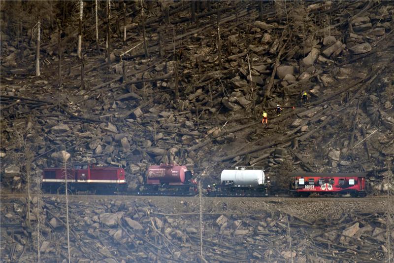 Einsatzkräfte sind bei einem Waldbrand am Königsberg unterhalb vom Brocken im Ha...