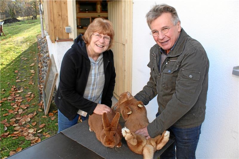 Elisabeth und Lorenz Paulus haben mit ihren Roten Neuseeländern – hier beim Geschlechts-Check – die Europameisterschaft gewonnen.  Foto: Steigleder