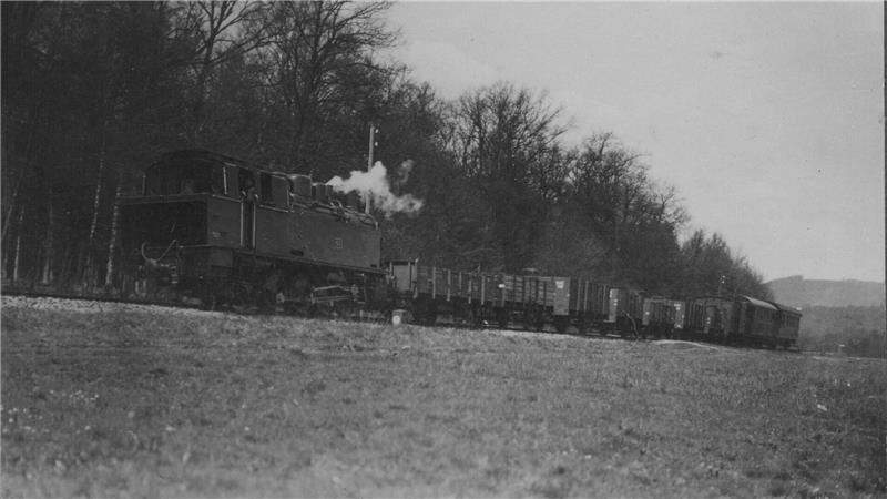 Das alte Schwarz-Weiß-Foto zeigt eine Dampflok, die an eine Wiese entlang fährt.