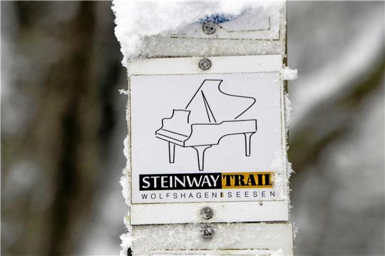 Entlang der rund 15 Kilometer langen Strecke weisen diese Schilder auf den Steinway-Trail zwischen Wolfshagen und Seesen hin. Foto: Gereke