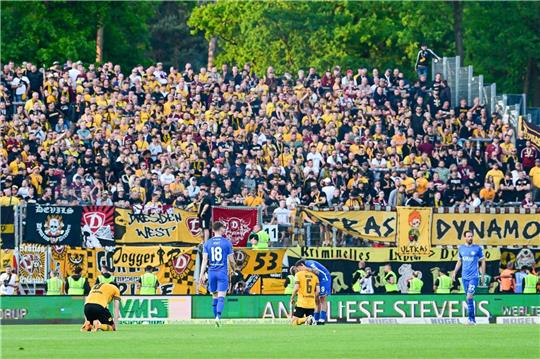 Enttäuschte Dresdner Spieler knien auf dem Rasen vor dem eigenen Fanblock.