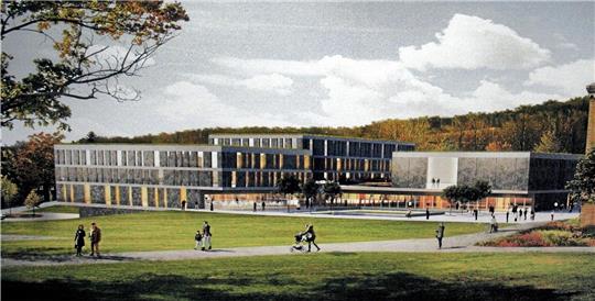 Entwurf des renommierten Architekturbüros Nieto Sobejano für das Kaiserpfalzquartier mit Hotel (l.), großem Platz und Stadthalle (r.). Foto: GZ-Archiv