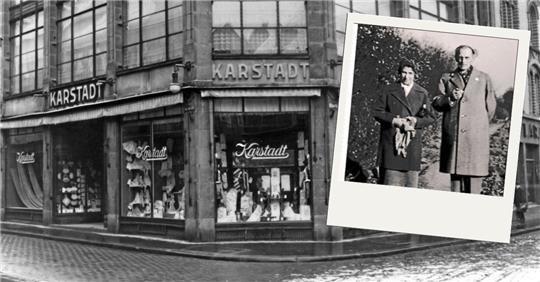 Erich Kästner und seine Hilde. Im Hintergrund das alte Karstadt-Gebäude. Fotos: Stadtarchiv/Privat